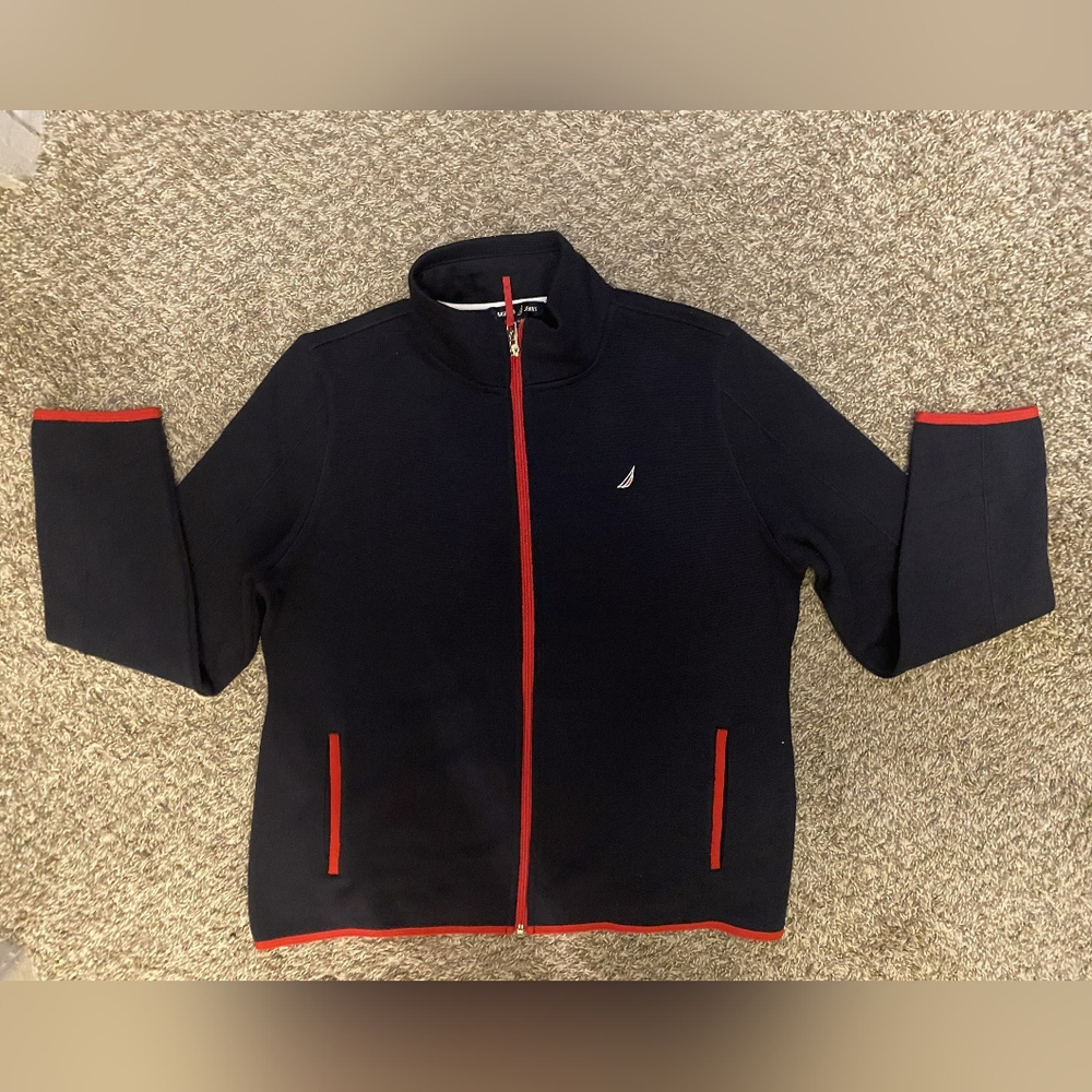 Nautica Jeans Piping-Trim Women’s Navy Blue/Red Sweater-Fleece Jacket Size